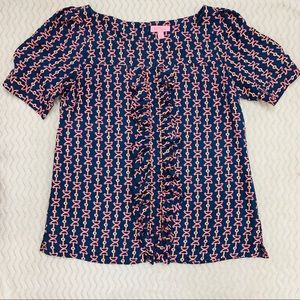 Lilly Pulitzer Silk Navy Ruffle Top Size 2